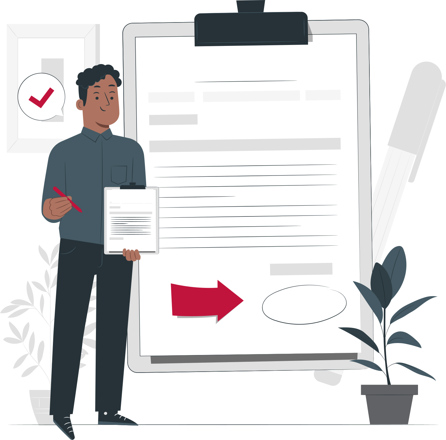 Illustration: Eine Person steht mit Stift und Klemmbrett vor einem großen Freigabeformular; links im Bild eine Sprechblase mit Häkchen, auf dem Formular ein Pfeil auf das Unterschriftsfeld