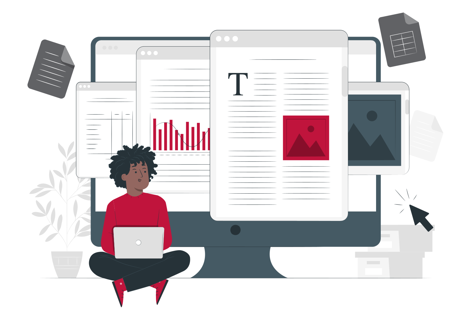 Illustration: Eine Person sitzt mit dem Laptop vor einem großen Bildschirm, auf dem strukturierte digitale Dokumente, Tabellen und Diagramme geöffnet sind