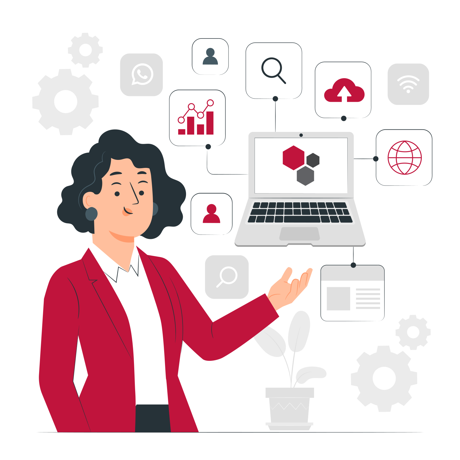 Illustration: Eine Person präsentiert einen Laptop mit dem Copiki-Logo; um den Laptop herum sind Kacheln für Listen, Suche, Cloud-Ablage, Nutzer und Dokumente mit ihm verbunden