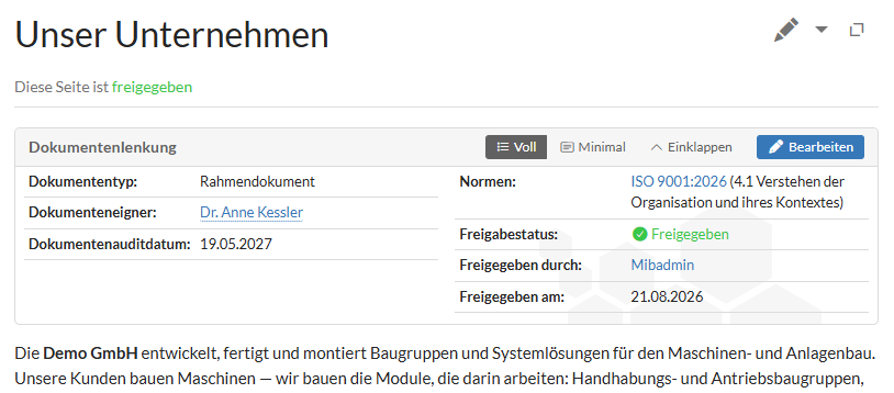 Copiki-Seite Unser Unternehmen mit Dokumentenlenkungsbox: Dokumententyp, Dokumenteneigner, Auditdatum, zugeordnete Norm sowie Freigabestatus mit Person und Datum