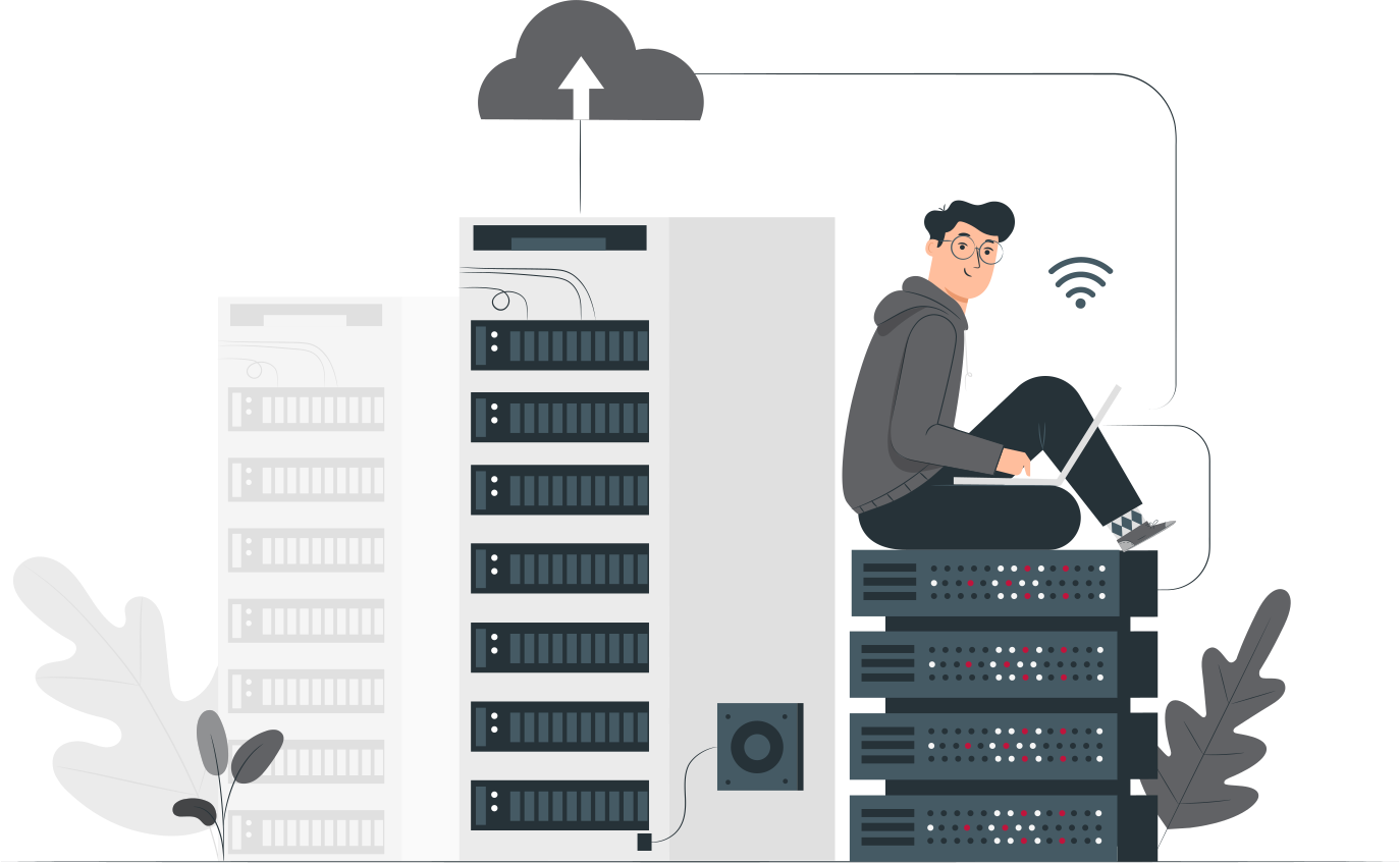 Illustration: Eine Person sitzt mit dem Laptop auf einem Stapel Server und arbeitet; darüber eine Cloud mit Upload-Pfeil