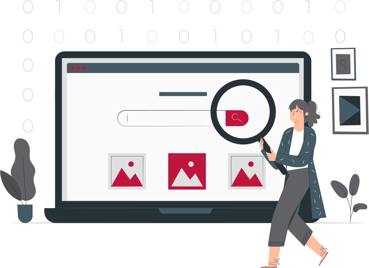 Illustration: Eine Person hält eine große Lupe vor einen Laptop, auf dessen Bildschirm ein Suchfeld und darunter drei Bild-Treffer zu sehen sind